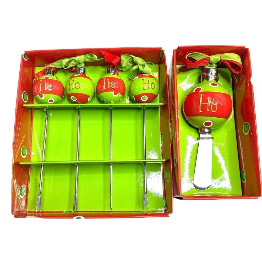 NEW Mud Pie Christmas Cheese, Butter Spreader & Fondue Fork Set, Ornament HoHoHo